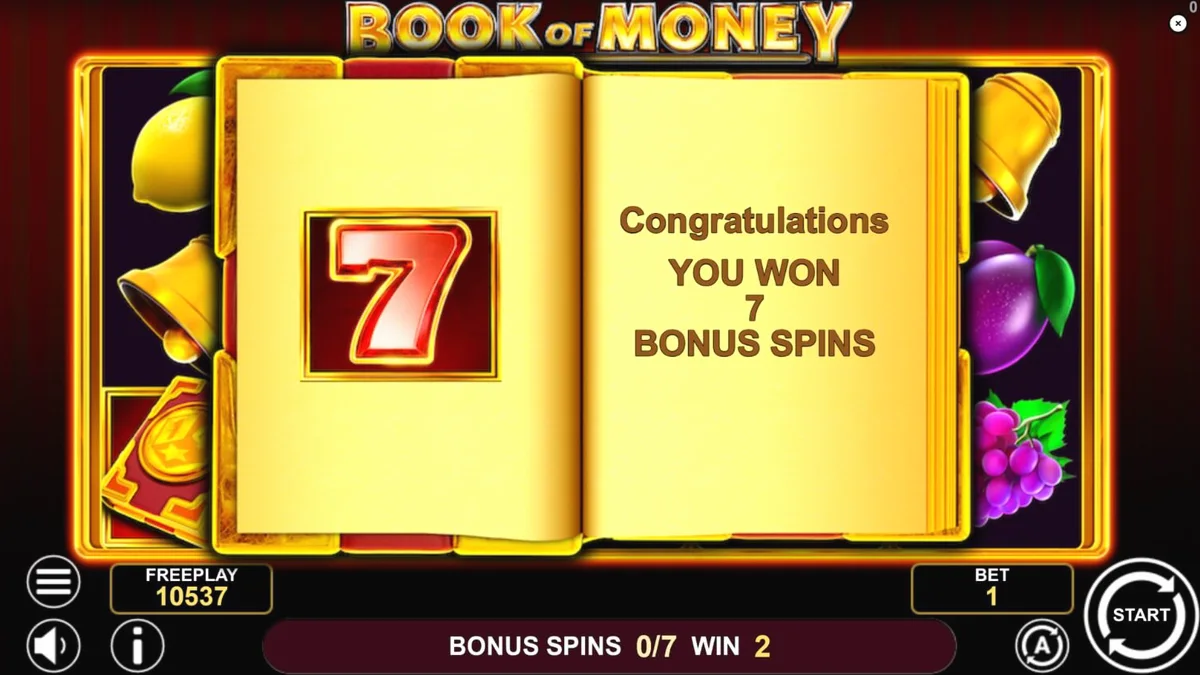 Tampilan visual slot Book of Money dengan simbol buah dan buku kuno