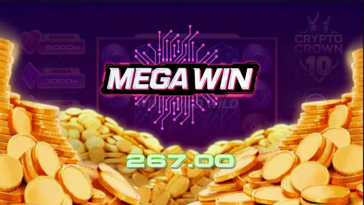 Tampilan visual mesin slot Crypto Crown 10 dengan tema kripto dan buah neon