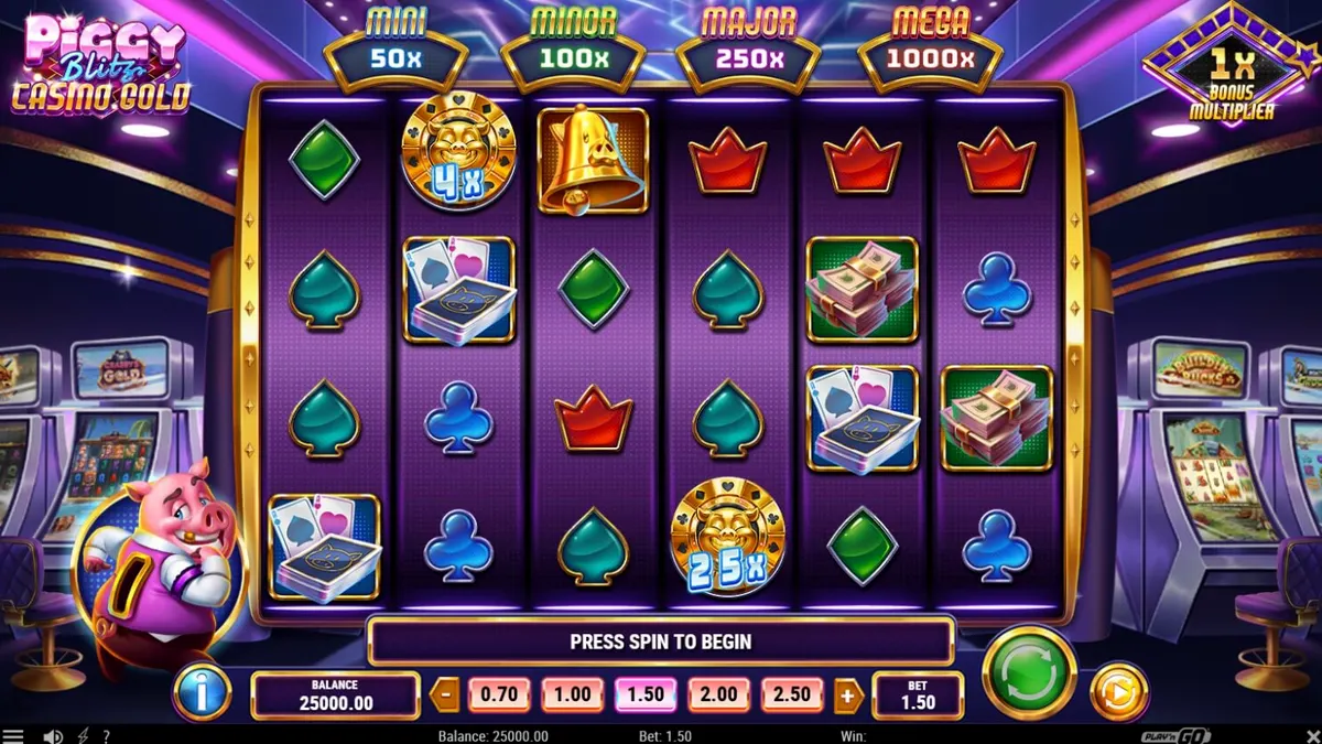 Tampilan visual slot Piggy Blitz Casino Gold dengan tema kasino mewah dan lampu neon.