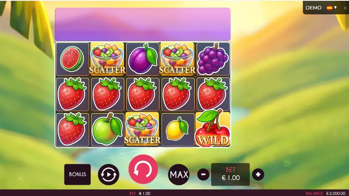 Tampilan visual slot Fruits Madness dengan simbol buah yang cerah dan latar belakang karnaval.